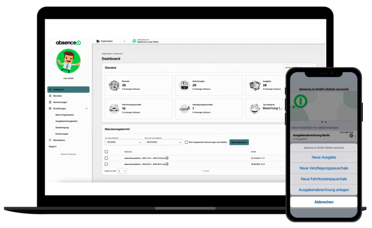 Die Spesenabrechnung Software und App von absence.io auf einem Desktop und einem Smartphone
