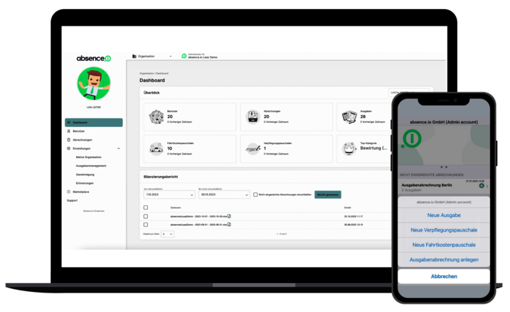 Die digitale Spesenabrechnung und Reisekostenabrechnung Software und App von absence.io auf einem Desktop und einem Smartphone.