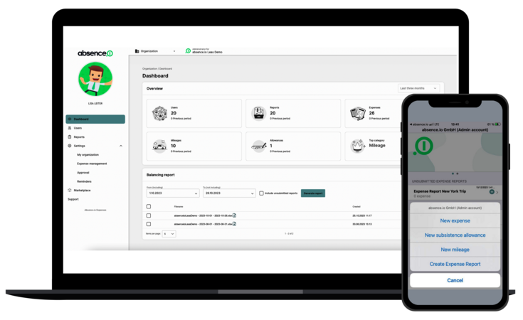 El software y la aplicación de gestión de gastos y liquidación de gastos de viaje digitales de absence.io en un escritorio y un smartphone.