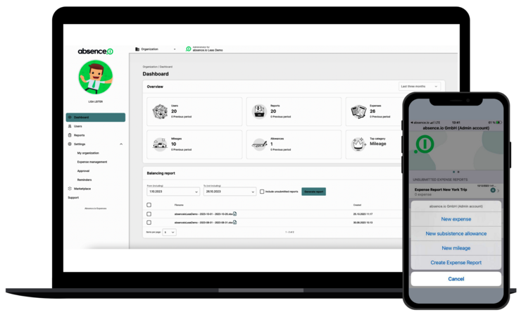 The expense management software and app by absence.io on a desktop and a smartphone