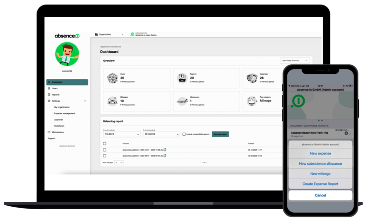 The digital expense and travel expense management software and app from absence.io on a desktop and a smartphone.