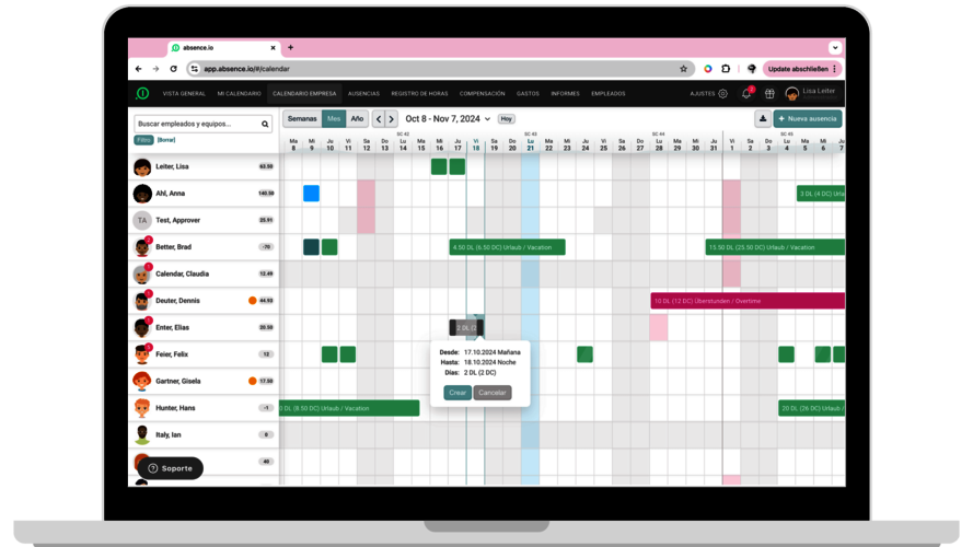 La vista de un calendario de equipo que muestra las vacaciones y otras ausencias de los miembros del equipo.