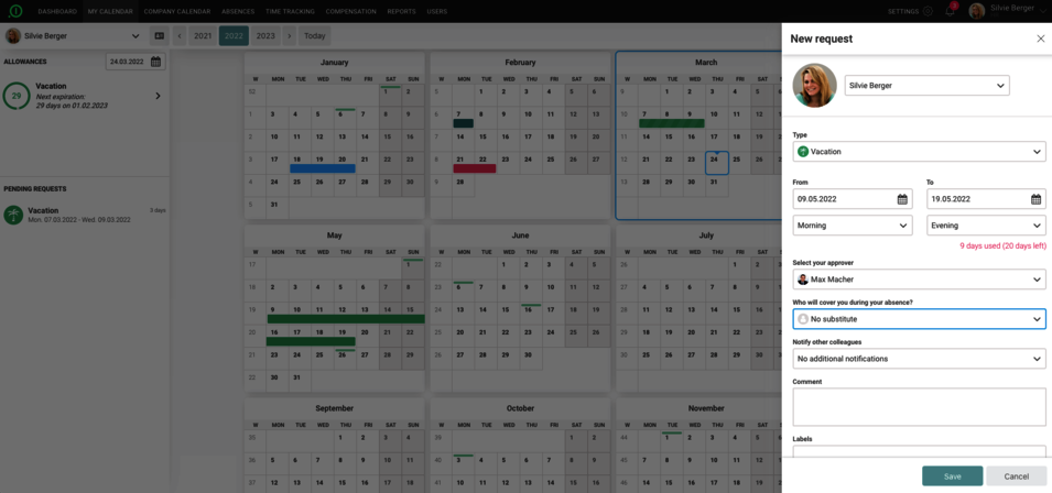 A view of the absence calendar of the digital vacation planner from absence.io.