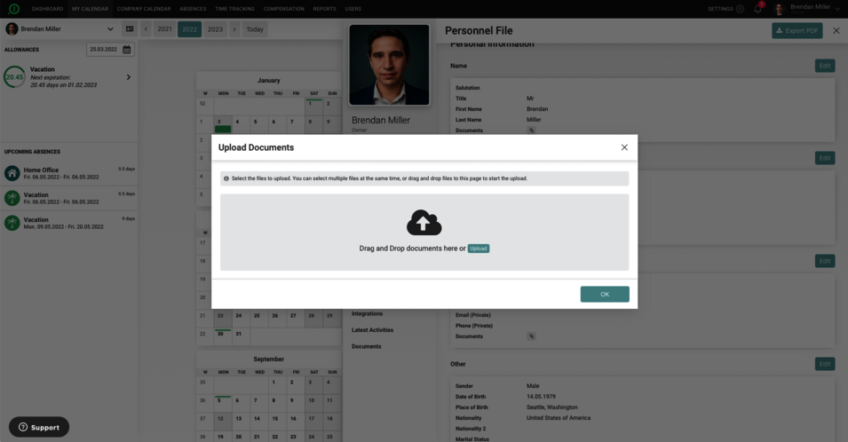 A view of the upload feature in the digital personnel file from absence.io.