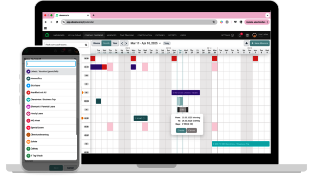 The absence management software from absence.io on a smartphone and a desktop. The smartphone displays different absence types, while the laptop shows a team calendar with various recorded absences.