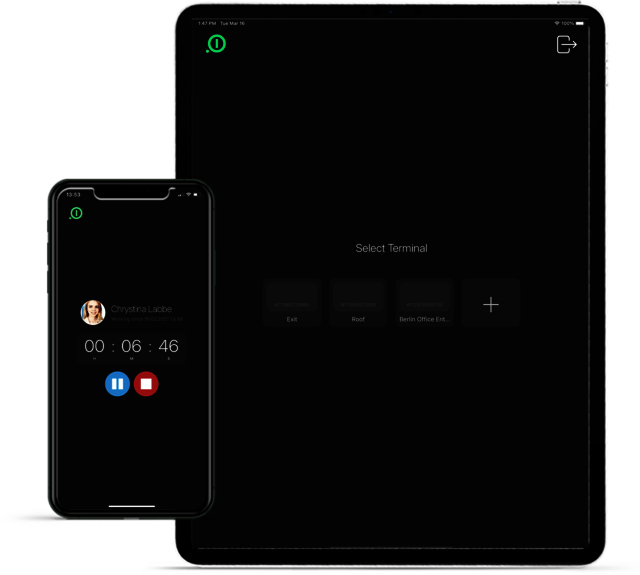 The punch clock software by absence.io on a tablet and a smartphone