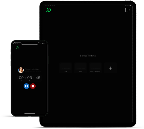 Die digitale Stempeluhr von absence.io auf einem Tablet und einem Smartphone