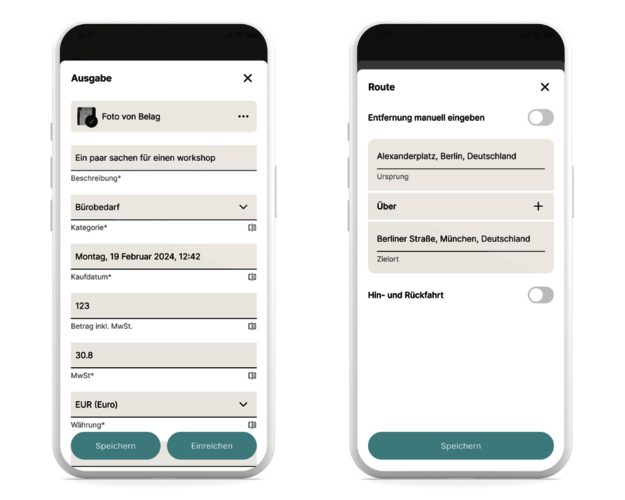Das Bild zeigt die Reisekosten- und Spesen-App von absence.io auf zwei Smartphones. Auf dem linken sieht man wie ein Beleg als Foto hochgeladen und die Ausgabe automatisch eingetragen wird. Auf dem rechten sieht man wie eine Dienstreise manuell eingetragen wird.