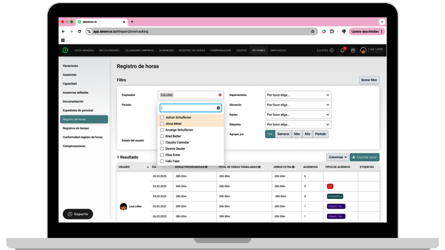 En una computadora portátil se muestra la función de informes del software de control de tiempo de absence.io.