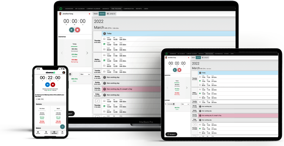 The digital time clock from absence.io tracks working hours on an iPhone and an iPad.
