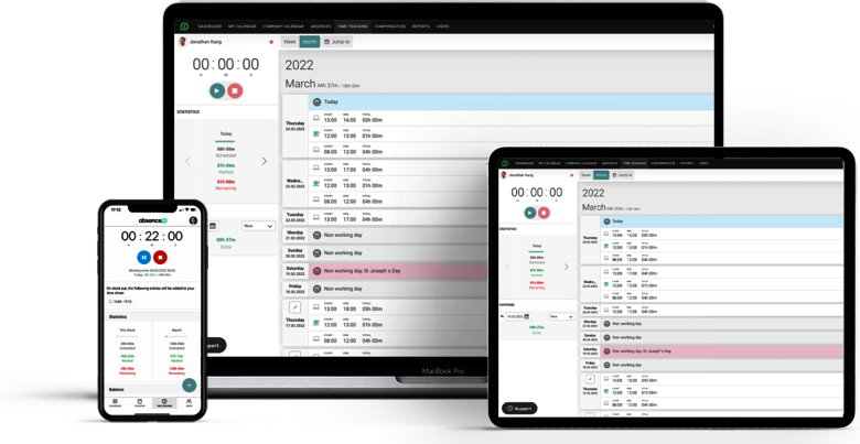 The work time tracking app from absence.io on a smartphone, a tablet, and a laptop.