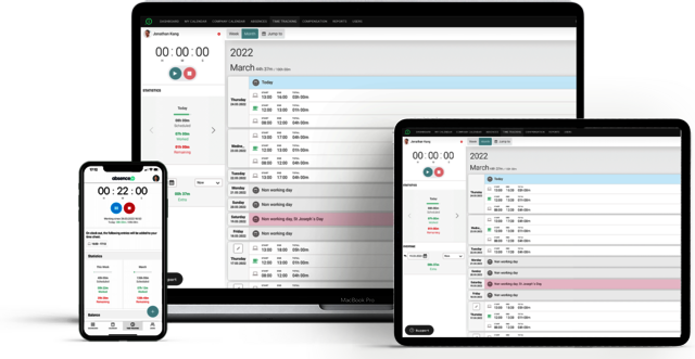 The work time tracking app from absence.io on a smartphone, a tablet, and a laptop.