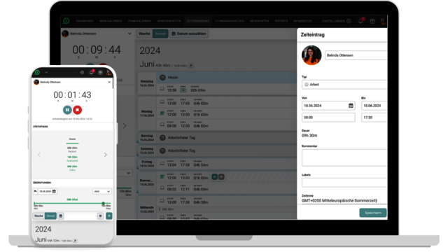 Die Zeiterfassungs-App von absence.io auf einem Smartphone und einem Laptop. 