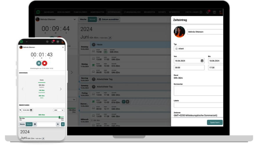 Die Software und App für die Arbeitszeiterfassung auf einem Smartphone und einem Laptop. Auf dem Smartphone sieht man eine laufende Stoppuhr zur Zeiterfassung. Auf dem Laptop sieht man wie ein Zeiteintrag manuell erstellt wird. 