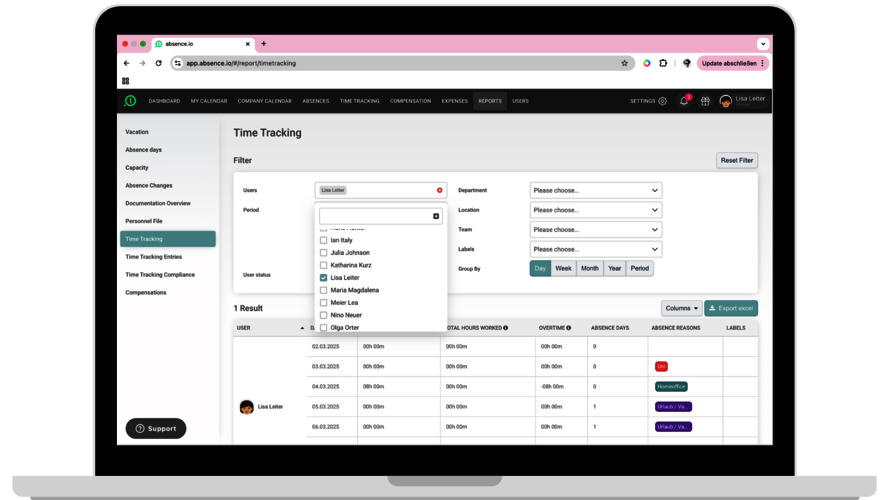 On a laptop, the reporting function of the absence.io time tracking software is displayed.