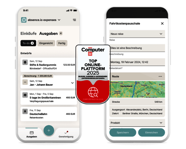 Die Software zur Reisekostenabrechnung und Spesenabrechnung von absence.io auf zwei Smartphones. Das eine zeigt eine Auflistung verschiedener Ausgaben. Das andere zeigt wie eine Dienstreise eingetragen wird. Vor den beiden Smartphones sieht man die Auszeichnung von absence.io durch Statista und COMPUTER BILD zur Top Online-Plattform 2025.