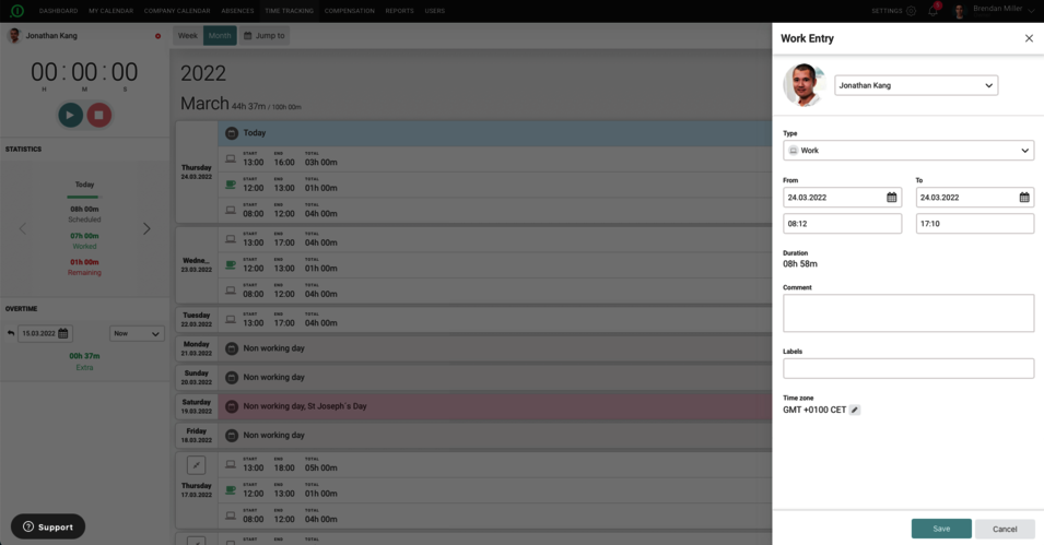 La vista de una entrada de tiempo en el software de registro de tiempo de absence.io.