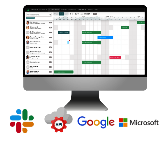 The absence calendar from absence.io on an iMac featuring logos of Slack, API, Google, and Microsoft.