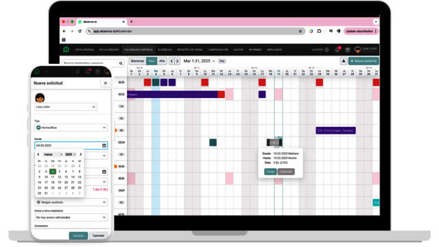El software de gestión de ausencias de absence.io en un teléfono inteligente y un ordenador de escritorio. En el teléfono se muestran los diferentes tipos de ausencia, mientras que en el ordenador se ve un calendario de equipo con varias ausencias registradas.