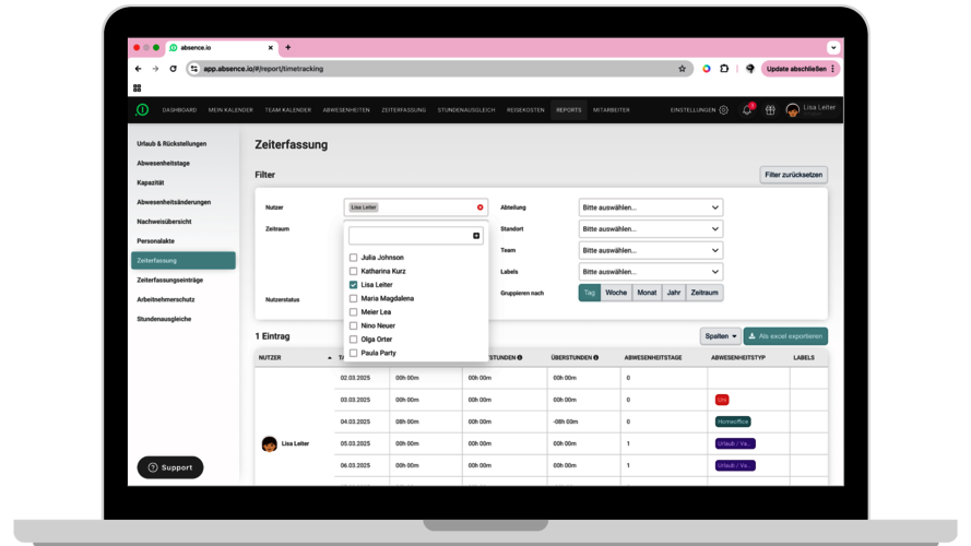 Auf einem Laptop sieht man die Reportingfunktion der Zeiterfassungssoftware von absence.io. 
