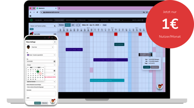 Die Software zur Urlaubsverwaltung und Abwesenheitsverwaltung auf einem Smartphone und einem Laptop. Das Smartphone zeigt, wie gerade über die mobile App eine Abwesenheit eingetragen wird. Der Laptop zeigt einen Teamkalender.