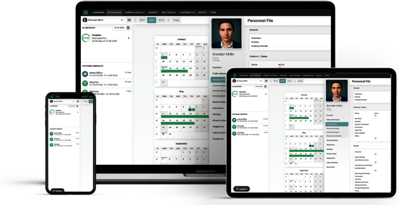 The digital personnel file from absence.io on a smartphone, a tablet, and a laptop.
