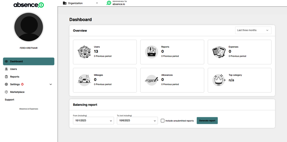 The dashboard of the digital travel expense reporting provides the admin with an overview of the number of users, settlements, expenses, travel allowances, meal allowances, and other categories.