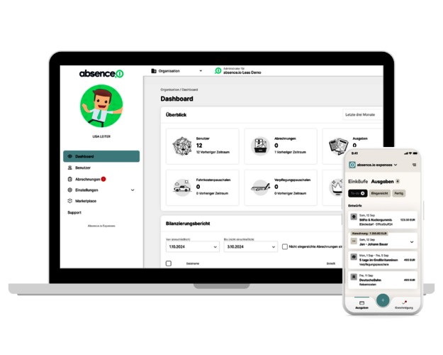 Das Bild zeigt sie Software zur Reisekosten- und Spesenabrechnung auf einem Desktop und einer Mobile App. Der Laptop zeigt das Dashboard für Admins. Das Smartphone zeigt den Live-Bericht aller Ausgaben.
