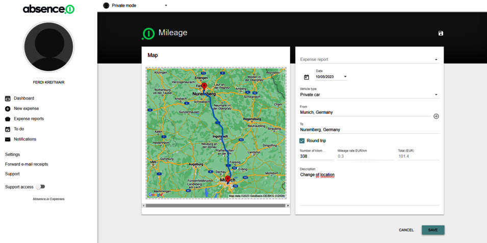 A view of how users can enter and submit travel expenses in the software.